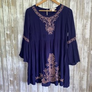 Flying Tomato Navy Embroidered Wide Sleeve Dress